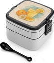 Orange Juice Hand Drawn Bento Box Adult Lunch Box All-in-One Lunch Containers with Removable Compartments Double Layer Bento Lunch Box with Spoon And Handle Stackable Lunchbox