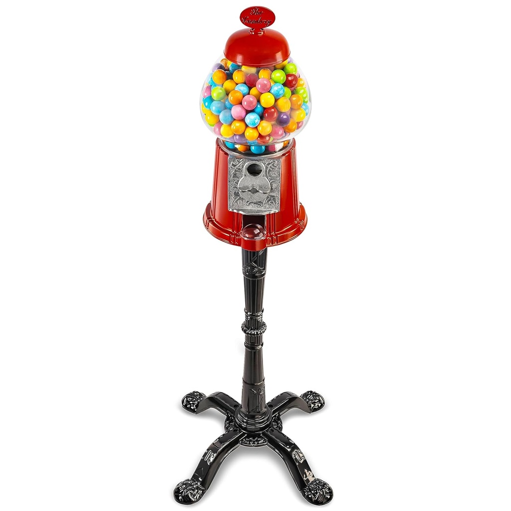 Gumball Bubble Machine - 15 Inch Candy Dispenser with Stand for 0.62 Inch - Heavy Duty Red Metal with Large Bowl - Easy Twist-Off Refill - Free or Coin Operated - by The Candery