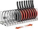 Housolution Pot and Pan Organizer Rack for Cabinet, Stainless Steel Expandable Pot Lid Organizer with 14 Adjustable Dividers, Pot and Pan Holder Rack Storage Organizer for Kitchen, Silver