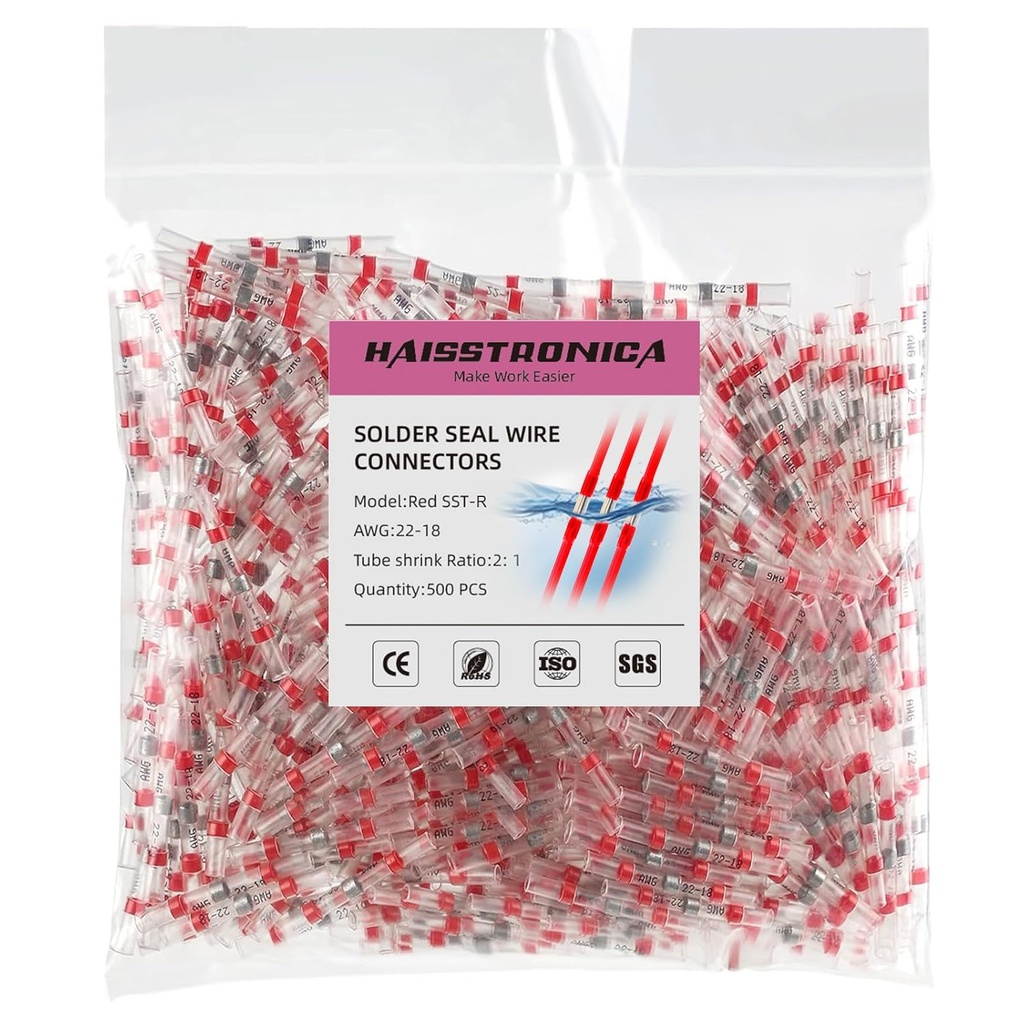 haisstronica 500PCS Solder Seal Wire Connectors,Waterproof Heat Shrink Butt Connectors Terminals for Watercraft,Electrical,Electronics AWG 22-18 Red