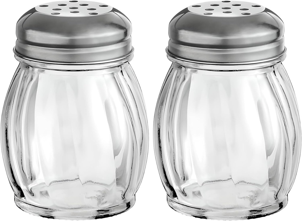 OCS Parts 3.5-Inch Glass Shakers with Chrome Plated Perforated Lids | 2-Pack | Grated Cheese, Chili and Red Pepper Shakers for Home Kitchens, Delis, Restauarants, and Pizza Parlors