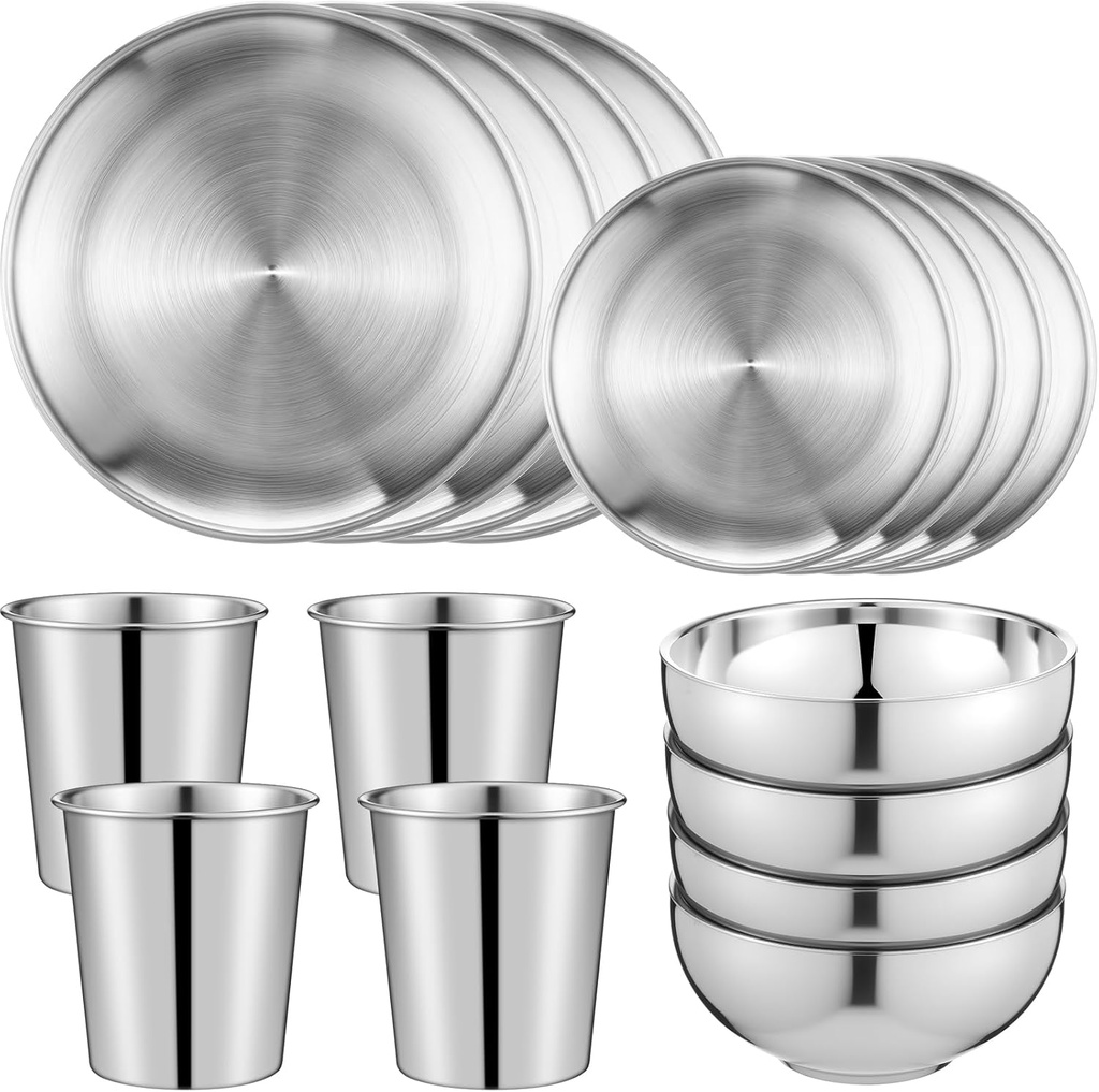 Jinei 304 Stainless Steel Dinner Set Include 7 Inch 10 Inch Stainless Steel Plates, Bowls and Cups, Reusable Metal Utensils Dinnerware for Home Outdoor Picnic Kitchen (16 Pcs)