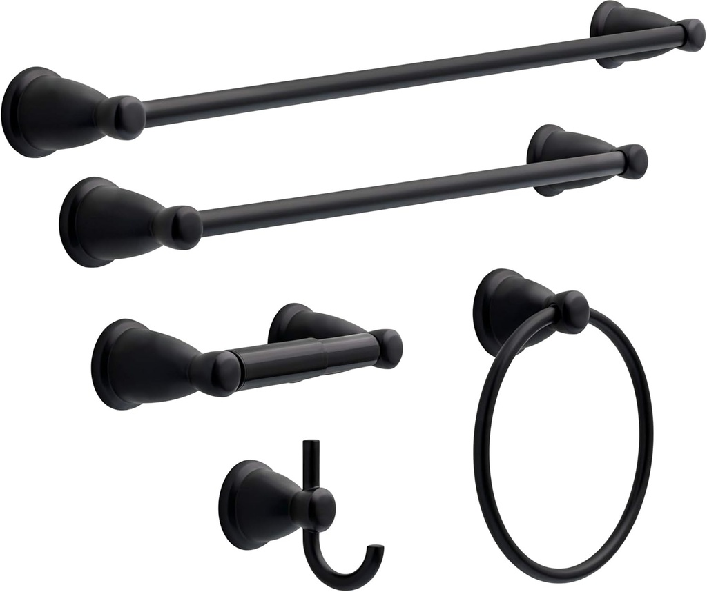 Franklin Brass Kinla 5-Piece Bathroom Set Matte Black 18" and 24" Towel Bar Racks, Toilet Paper Holder, Ring, Hook KIN5PC-MB