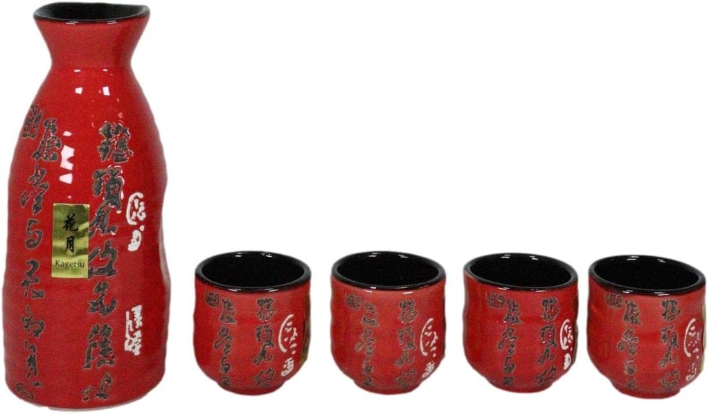 Ebros Gift 12oz Ceramic Traditional Red Chinese Calligraphy Of Fortune And Longevity Japanese Style Sake Set Carafe Flask With Four Cups