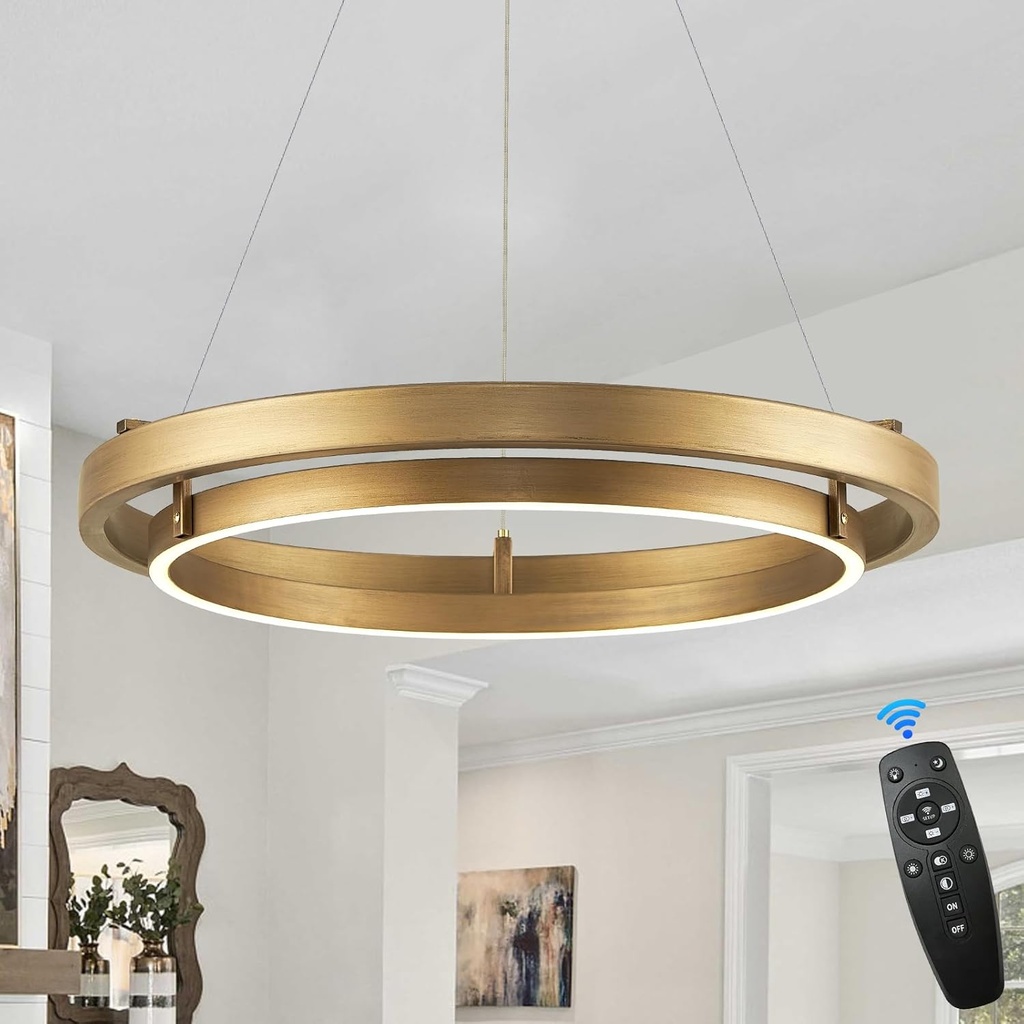 LED Ring Chandelier Brass Gold Chandelier Dimmable Round Foyer Chandeliers Light Modern Circular Chandeliers for Dining Room Entry Bedroom Office Living Room, 24in