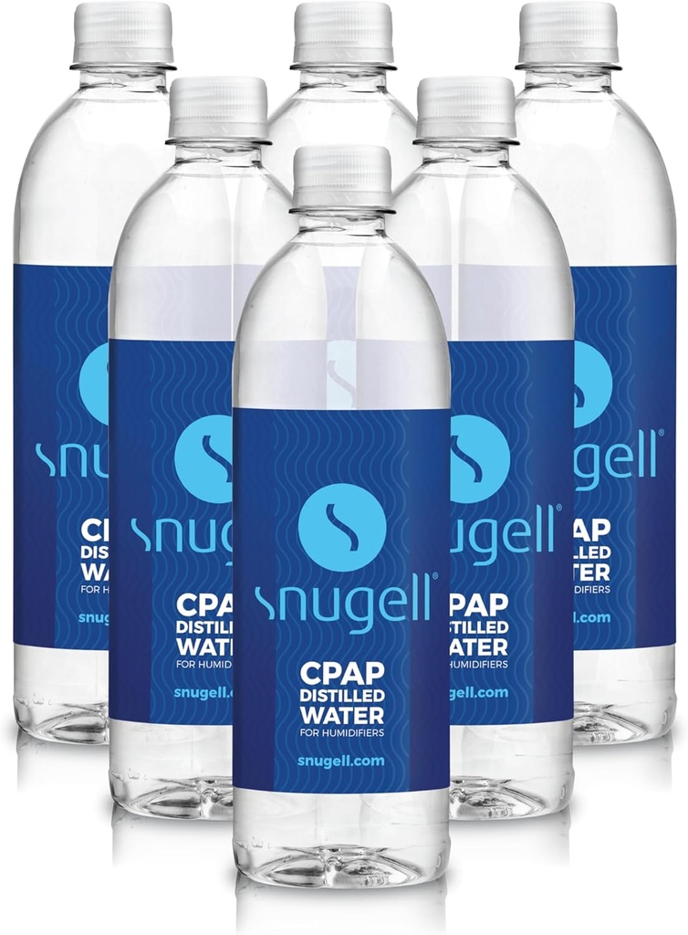 Snugell Travel Size Bottled Distilled Water for CPAP Machines, (6-Pack, 20oz Each) – Up to 12-Day Supply – Multi-Use, Travel-Friendly, Clean, Made in USA