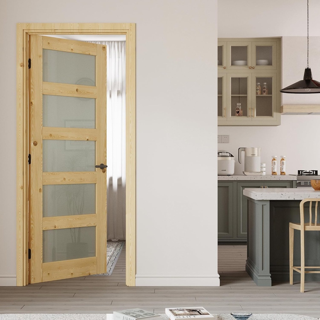 32" x 80" Prehung Door 5-Lite Tempered Frosted Glass Slab Doors with Jamb Kit, Pine Wood Interior Door for Bathroom Pantry Laundry, Home Doors, Easy Assemble - Left Handed