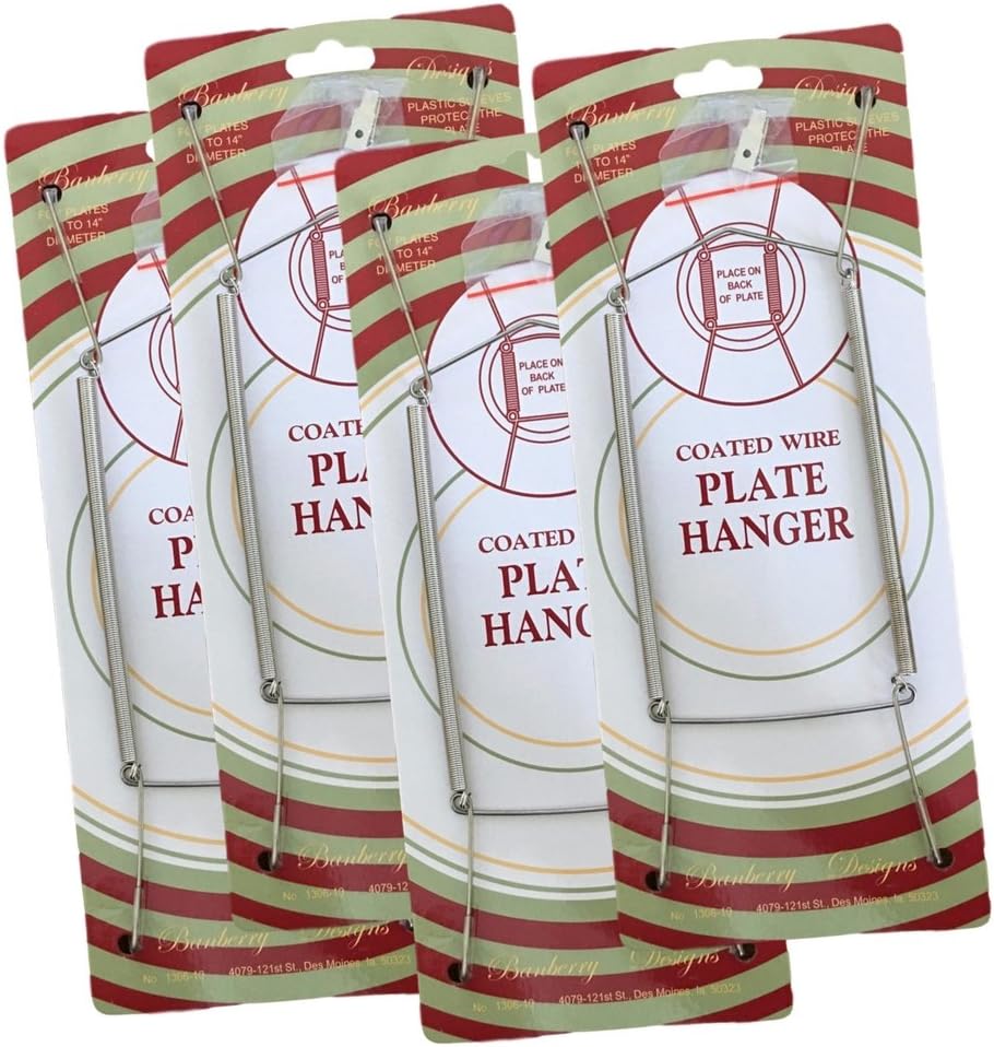 Plate Hangers - Chrome Vinyl Coated - 10 to 14 Inch - Clear Vinyl Sleeves - Hook and Nail Included - Pack of 4 - Plate Hangers for The Wall