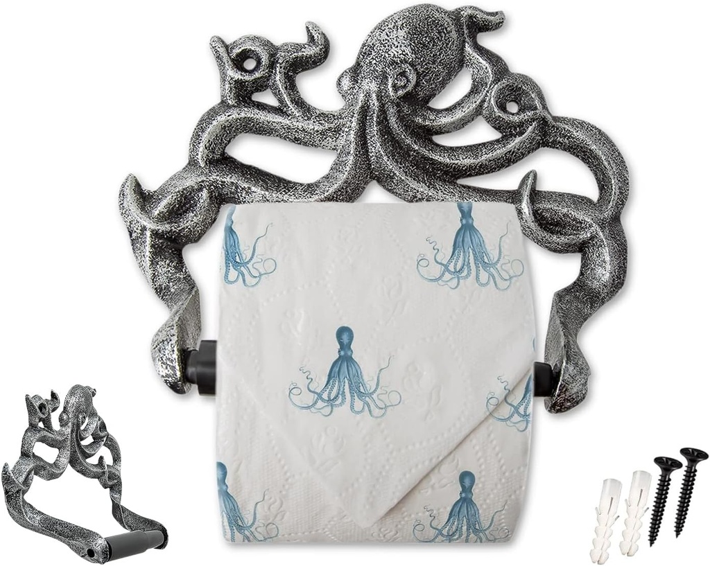 Decorative Cast Iron Octopus Toilet Paper Holder – Wall Mounted Nautical Bathroom Accessory – Kraken Design with Screws and Anchors – Silver & Black