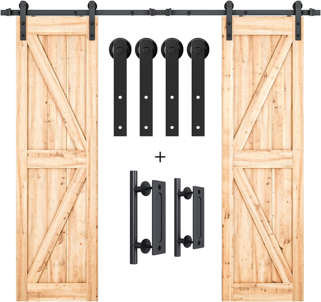 SMARTSTANDARD 8FT Heavy Duty Double Door Sliding Barn Door Hardware Kit + 2 Barn Door Handles Set