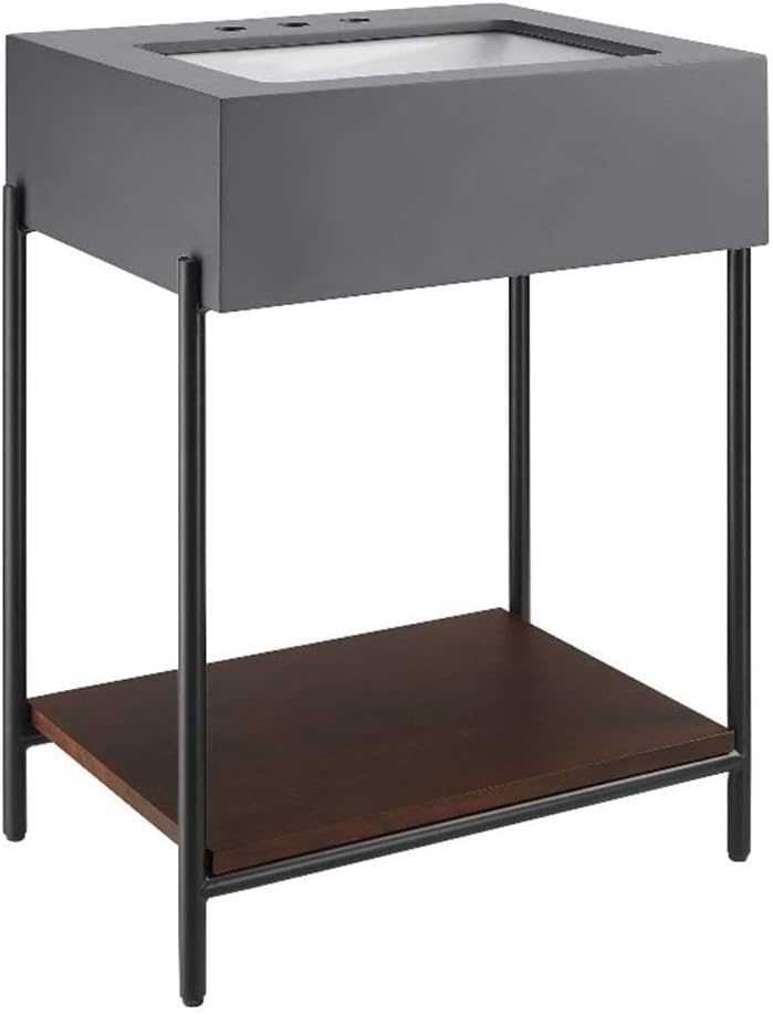 Modway Etch 24 Inch Bathroom Vanity With Sink in Black White - Concrete Top Single Sink Vanity With Acacia Wood Open Shelf - Freestanding Bathroom Vanity With Ceramic Sink Basin