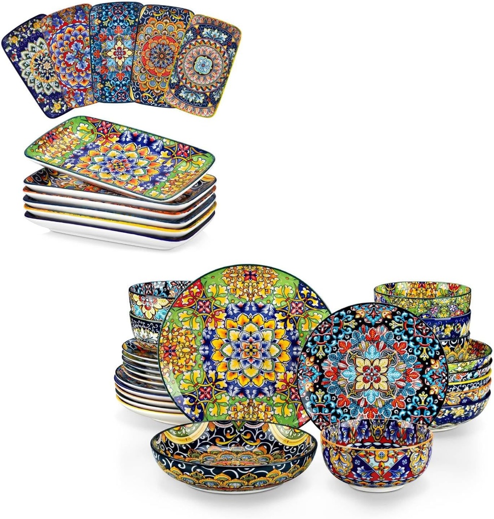 vancasso Simi 9.5 Inch Rectangular Dinner Plates Set of 6, and 24 Pieces Dinnerware Sets, Plates and Bowls Set, Porcelain Dishes Set for 6, Microwave and Dishwasher Safe, Scratch Resistant