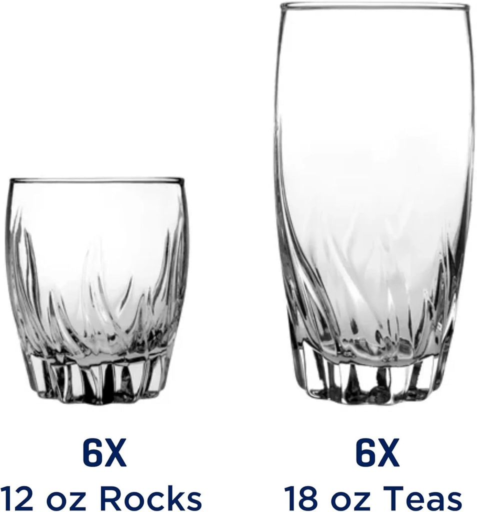 12-Piece Clear Drinking Glass Set - 6 Highball (16oz) & 6 Rocks (12oz) Glasses - Dishwasher Safe, Versatile for Water, Juice, Cocktails