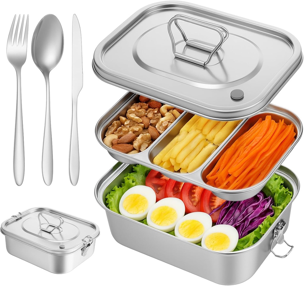304 Stainless Steel Bento Box 3-Compartment Tray Lunch Box and Food Containers Leakproof 1800ml Metal Bento Containers with Airtight Valve Handle Including Fork Knife Chopsticks for Travel Work Picnic