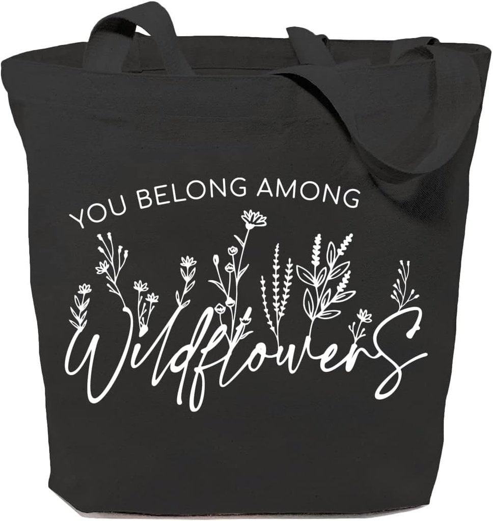 SAUIVD You Belong Among The Wildflowers Canvas Tote Bag Funny Flower Floral Inspiration Reusable Shopping Shoulder Bags