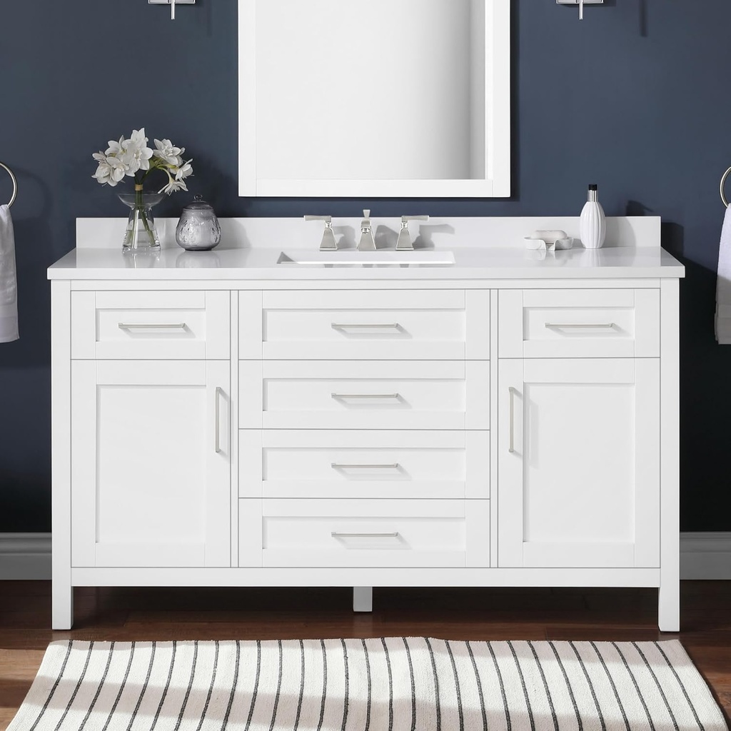 Ove Decors Tahoe II 60" White Bathroom Vanity Cabinet with Cultured Marble Countertop | Single Sink | Power Bar Integrated