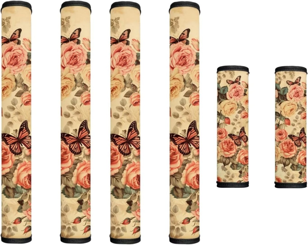 Rose Butterfly Vintage Print Refrigerator Door Handle Covers 6 Pieces Washable Oven Fridge Handle Cover Waterproof Appliance Handle Cover Sets Decor for Oven Dishwasher