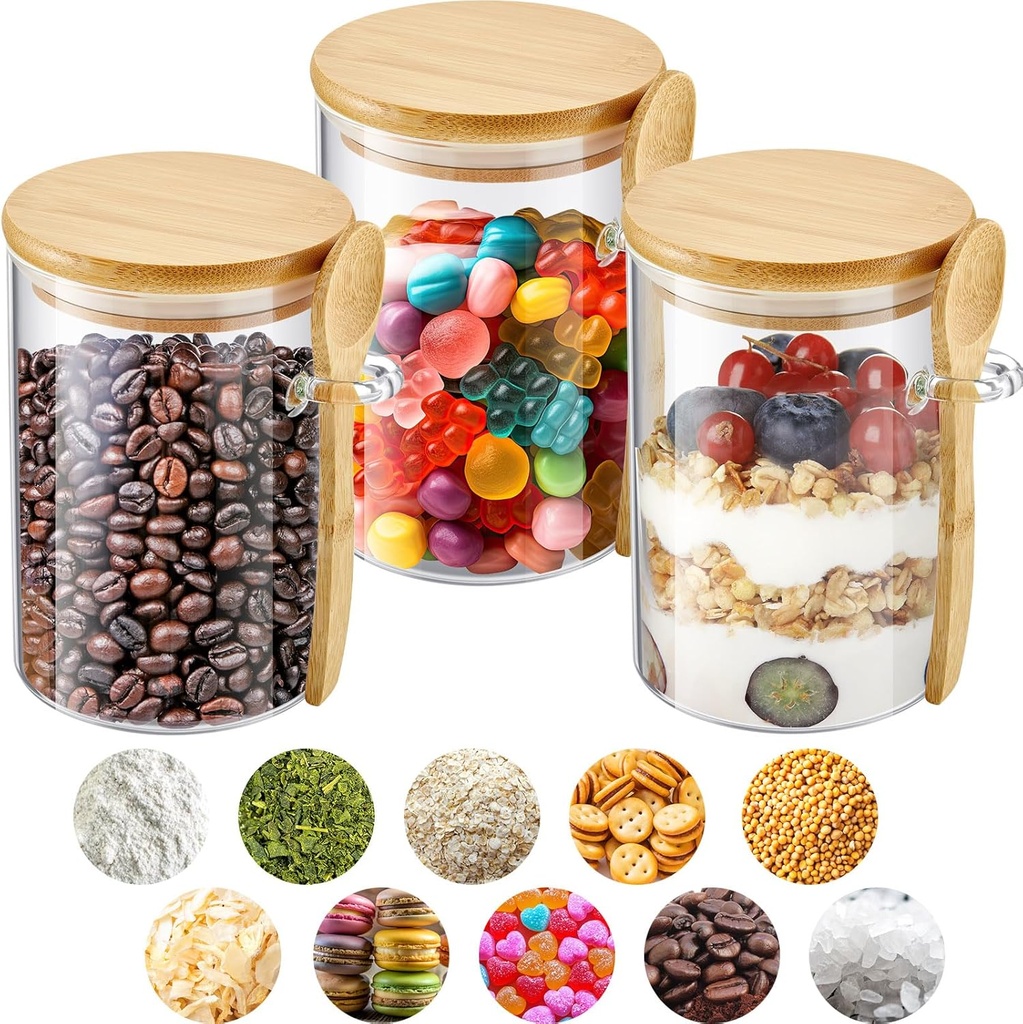 Tessco for you 4 Pack Sugar Jar Glass Container with Spoon Clear Glass Jars with Bamboo Lid and Spoon Scoop for Women Christmas Kitchen Gift Coffee Beans, Spice, Sugar, Nuts, Candy, Salts (17 oz)
