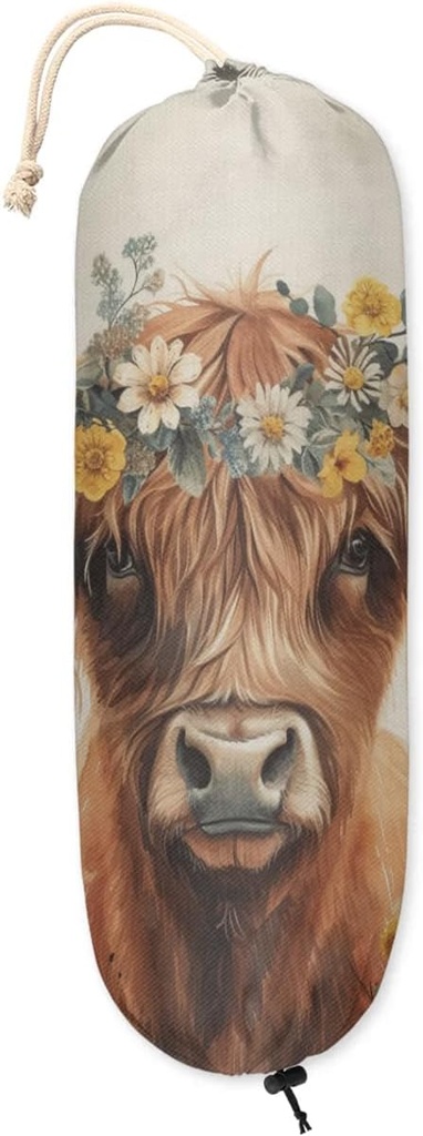 Highland Cow Floral Plastic Bag Holder Washable Floral Cattle Grocery Bag Storage Dispenser Reusable Hanging Shopping Bags Carrier Wall Mount Plastic Bag Organizer for Home Kitchen Decor