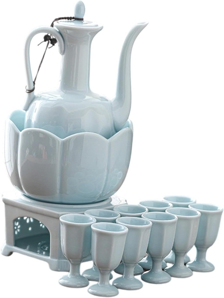 Ceramic Sake Set Drink Warmer Set Multifunctional for Drinking with 10 Cups with Warmer Pot for Office Friends Tea Party Bar, Style A