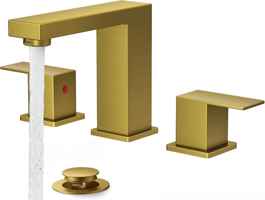 FORIOUS Gold Bathroom Faucet 3 Hole, Square 2 Handle 8 in Widespread Brushed Gold Bathroom Sink Faucet 3 Hole with Metal Drain, 24" CUPC Supply Lines and Spare Aerator, Vanity Sink Remodel