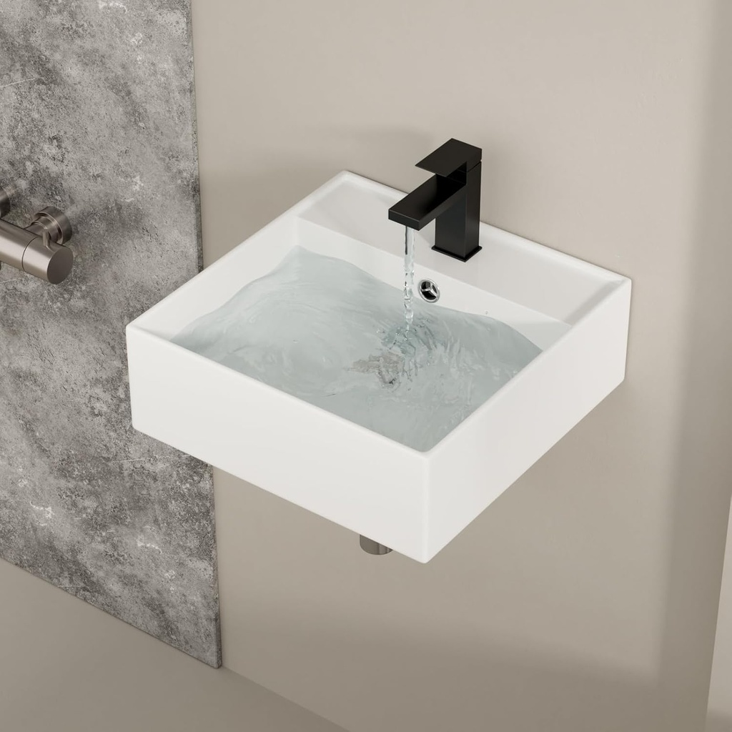 Wall Mount Bathroom Sink 18"x18" Floating Bathroom Sink Rectangle Ceramic White Wall Hung Vessle Sinks Art Basin - Square