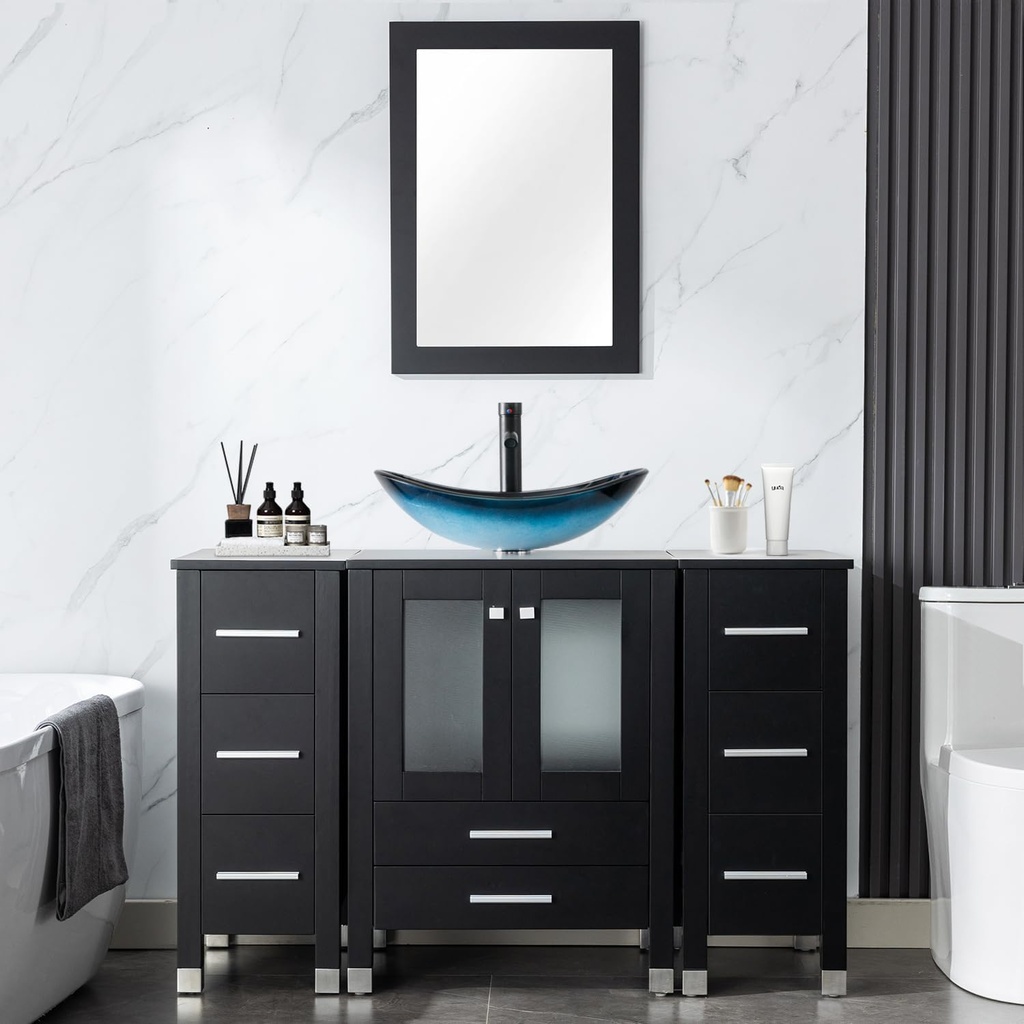 LUCKWIND 48" Bathroom Vanity Sink Combo, 24-inch Main Cabniet with Double 12.6-inch Side Cabinets, Painted Bathroom Storage Cabinet, Including Blue Boat Sink and Faucet Without Mirror, Black