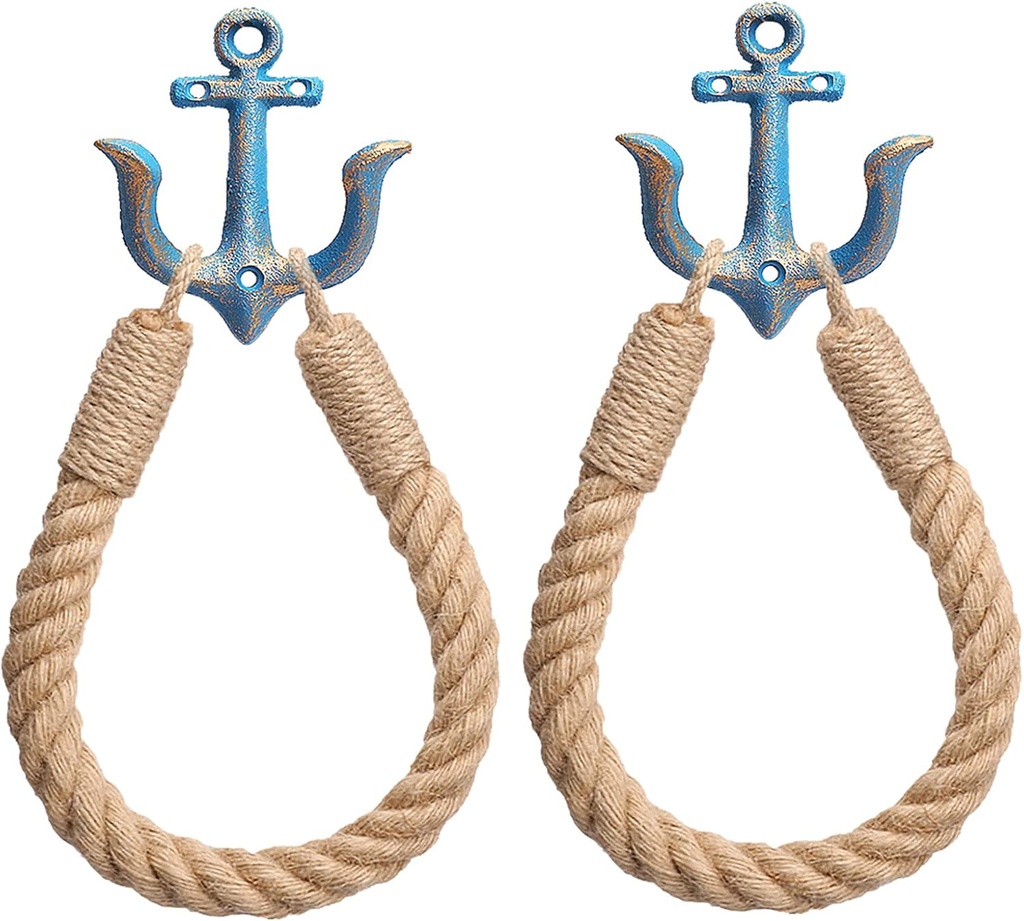 2 Pcs Nautical Rope Toilet Paper Holder Wall-Mounted Towel Ring Nautical Toilet Paper Holder with Metal Hooks Coastal Towel Rack Natural Antique Rope(Blue+Blue)