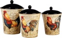 Gilded Rooster 3-Piece Canister Set Black Multi Color Tan Ceramic
