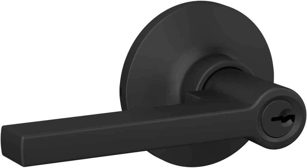 Lock Scout Straight Lever with Round Trim Keyed Entry Door Handle, Matte Black Finish