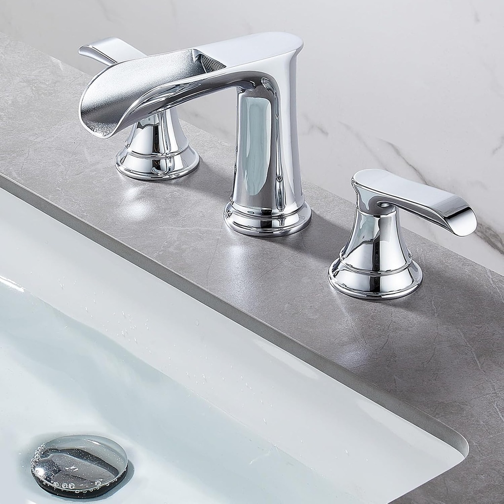 Chrome Bathroom Faucet 3 Hole,Sanliv Waterfall Faucet for 4-16 Inch Widespread Bathroom Sinks,Two Handle Vanity Faucet 3 Holes with Drain and Water Lines,Polished Chrome