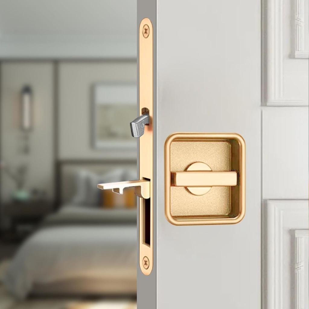 Pocket Door Lock Hardware Set - Privacy Handle with Hidden Pull & Recessed Latch, Fit for 1 9/16" to 2" The Thick of Wooden Doors (Square Gold)
