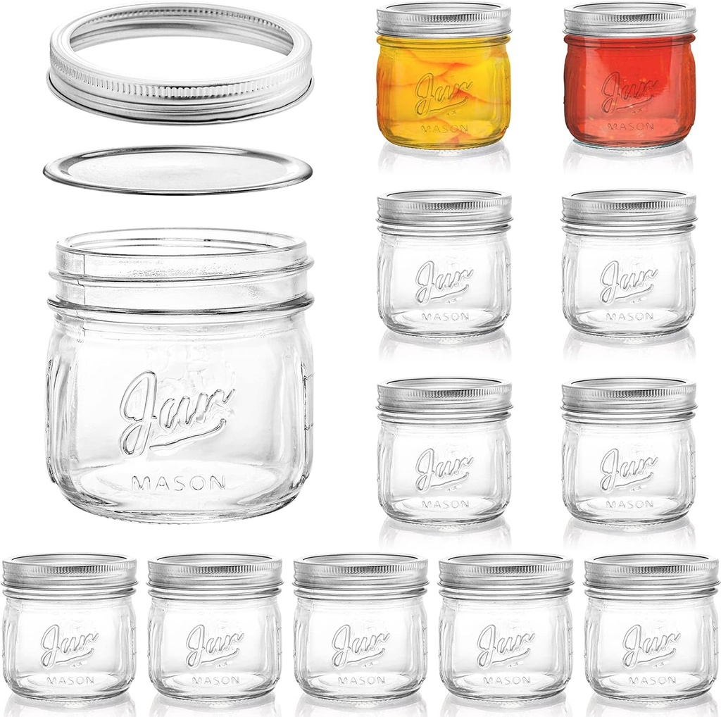 Lyellfe 12 Pack Wide Mouth Mason Jars, 12 Oz Glass Canning Jars with Airtight Lids, Clear Mason Spice Jars for Jam, Honey, Jelly, Sauces, Yogurt