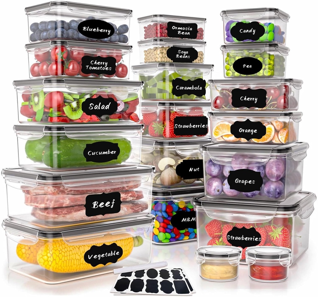 40 PCS Plastic Food Storage Containers with Lids Airtight, BPA-Free Leakproof Meal Prep Containers Reusable,Microwave & Dishwasher & Freezer Safe,Includes Labels & Pen