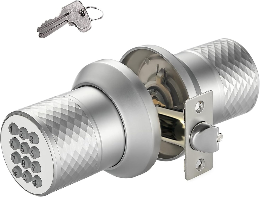 Electronic Keypad Door Knob, Smart Keyless Entry Door Knobs, Code, Anti-Slip Handle, 2.5s Auto Lock, Waterproof Door Lock, Easy to Install for Home, Office, Apartments and Garage Silver