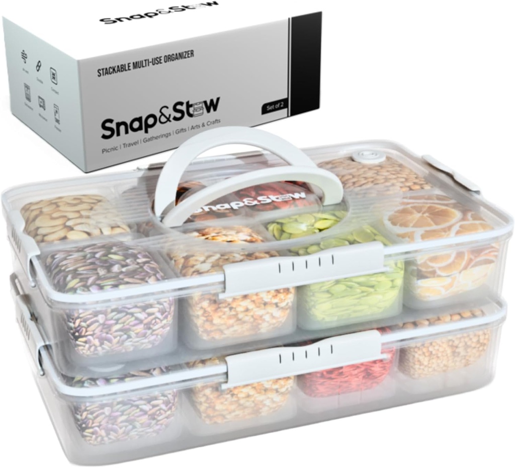 Snap and Stow Dishwasher Safe, Snackle Box, Stackable 14 Divided Snack Box Bowls, Charcuterie Tray with Lid, Veggie Containers with Lids, Reusable BPA Free Plastic (Set of 2, Transparent)