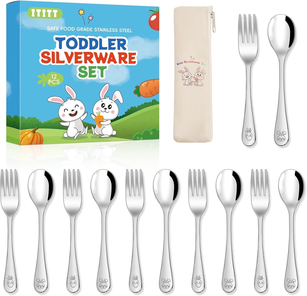 12 Pieces Stainless Steel Toddler Utensils Set - Food Grade Kids Silverware Set Children Safe Small Forks and Spoons Mirror Polished Sturdy and Durable Dishwasher Safe