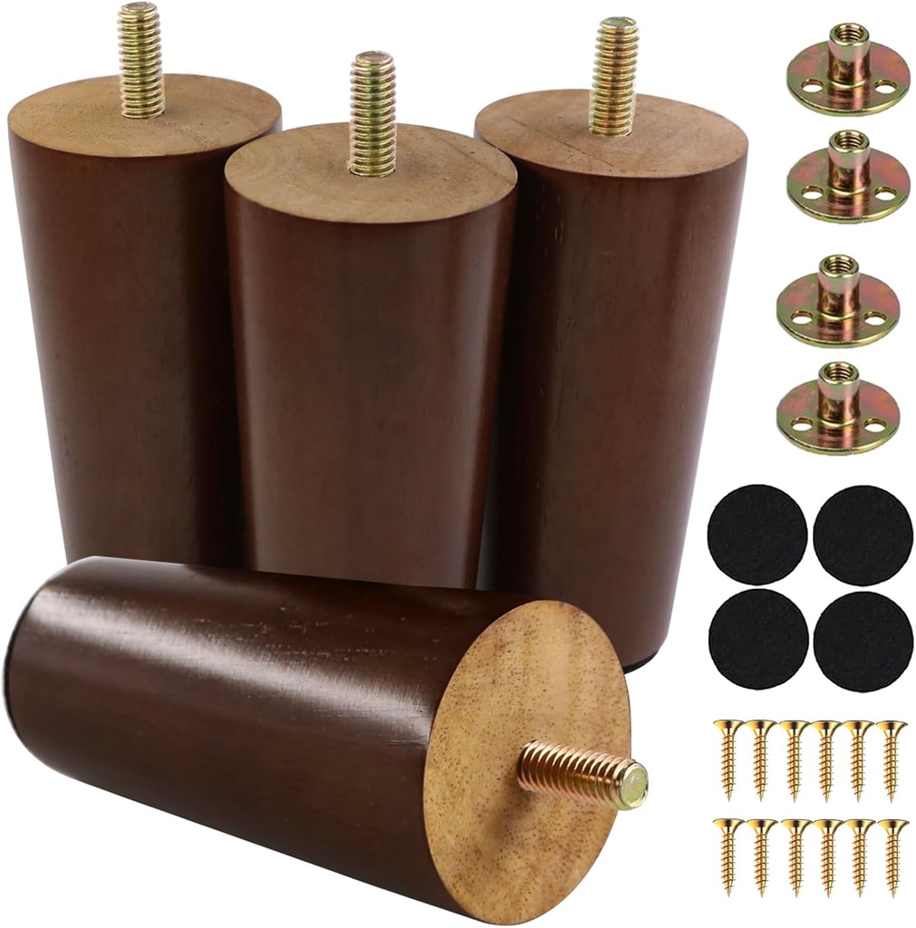 4 Inches Round Solid Wood Furniture Legs Set of 4, Brown Wooden Replacement Feet with Threaded 5/16'' Hanger Bolts for Sofa, Couch, Armchair, Cabinet, TV Stand, Ottoman and Dresser