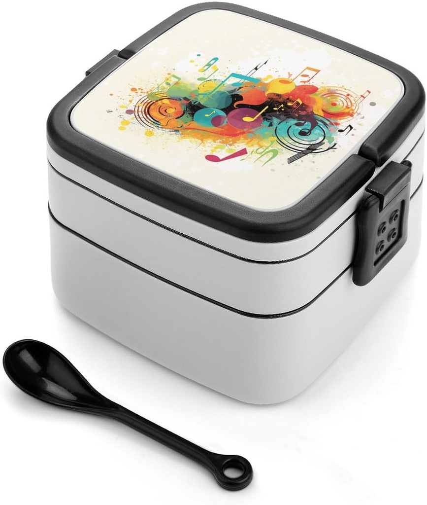 Abstract Music Themed Bento Box Double-Layer Bento Lunch Container with Spoon And Invisible Handle Adult Leak-Proof Lunchbox for Dining Out Work Picnics Travel