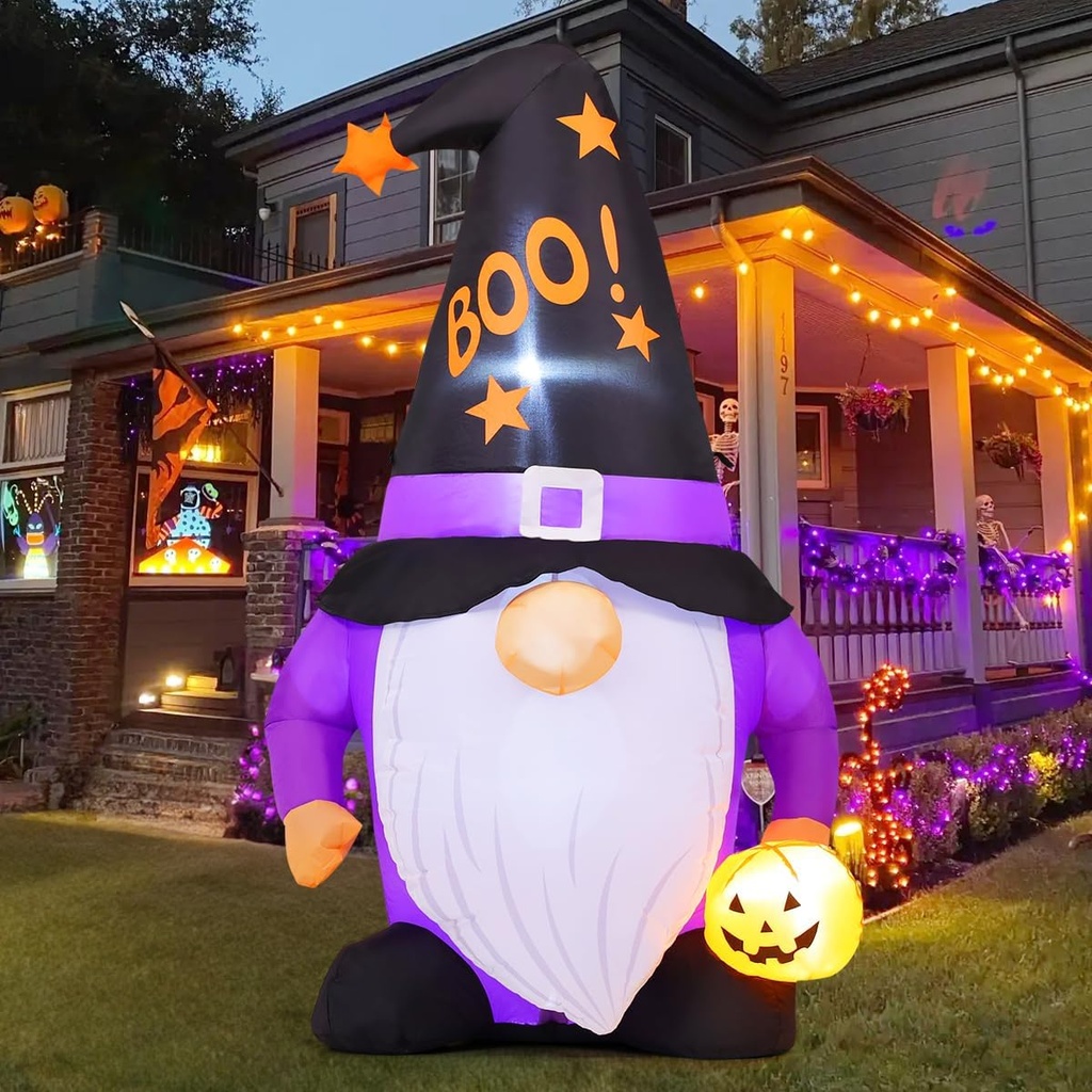 GOOSH 5 FT Halloween Inflatables Gnomes Outdoor Decorations Blow Up Yard Cute Gnomes Helding Pumpkin with Built-in LEDs for Garden Lawn Indoor Party Decor