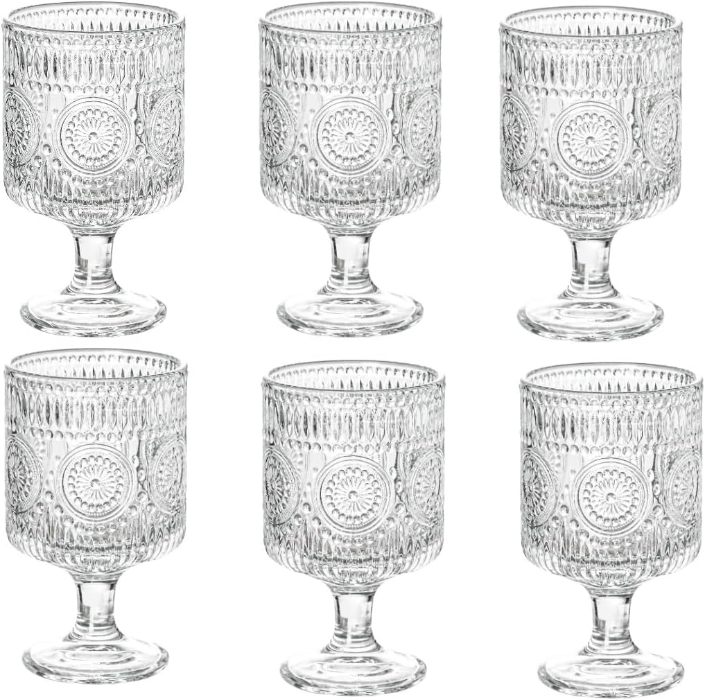 Romantic Vintage Goblet Glass Set of 6, Embossed Crystal Floral Glasses, Decorative Drinkware for Parties and Dinners, 8 oz (set of 6)