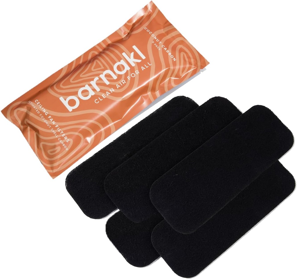 Barnakl Ceiling Fan Air Purifier Pads, Activated Coconut Shell Carbon Fan Filters Trap Dust, Odors & Allergens, Easy-Stick Universal Fit for Ceiling Fan Blades, Odorless & Unscented - (5 Count)