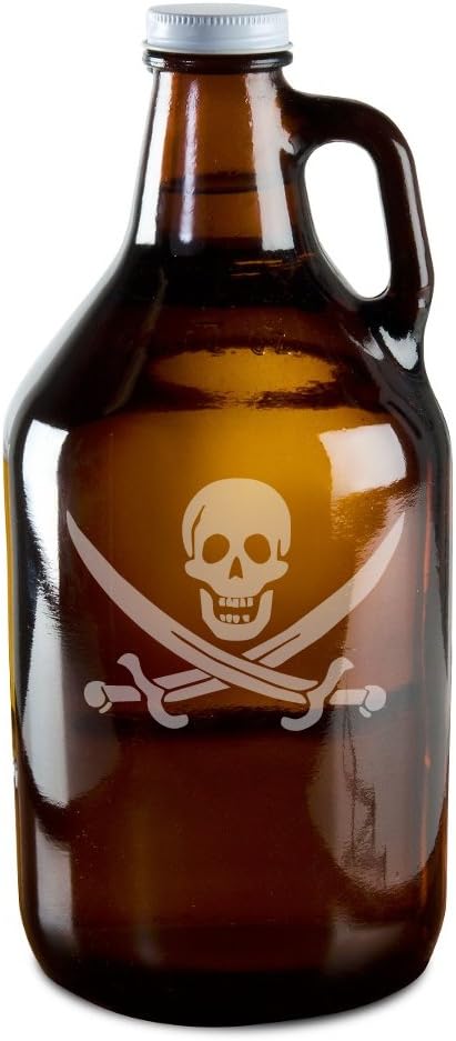 Skull And Crossed Pirate's Swords Hand-Made Etched Glass Beer Growler 64 oz