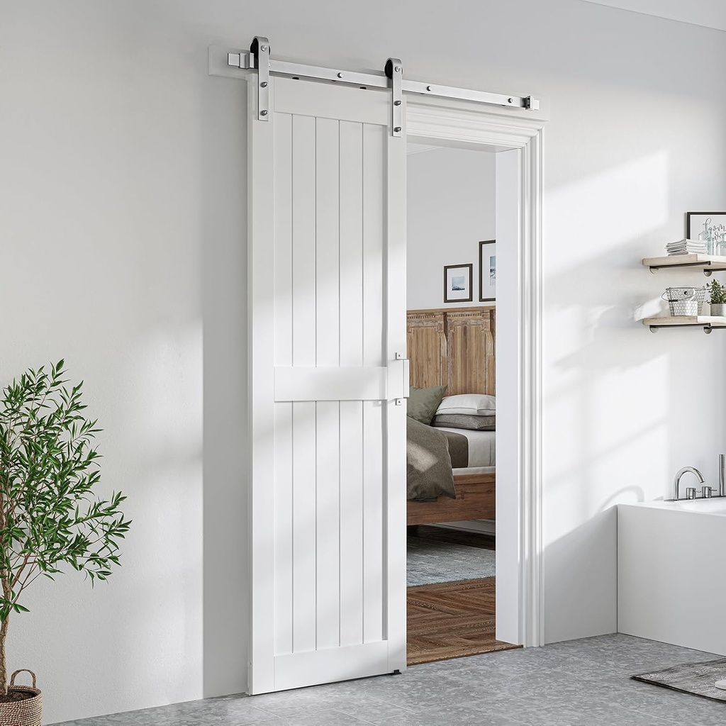 SmartStandard 26 x 84 inch White Sliding MDF Barn Door with 5FT Brushed Nickel Sliding Door Hardware Kit & Handle, Pre-Drilled Ready to Assemble, Waterproof PVC Coating, H-Frame
