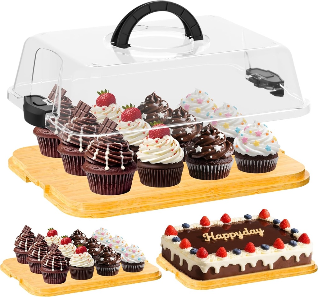 MinBoo Bamboo Cupcake Carriers Bakery Supplies with Heightened Transparent Lid Cupcake Holder Easy Transport and Presentation 12 Secure Fixings, Carry Handle​