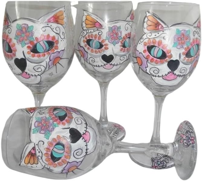 Hand Painted sugar skull cat and fish goblets. set of 4