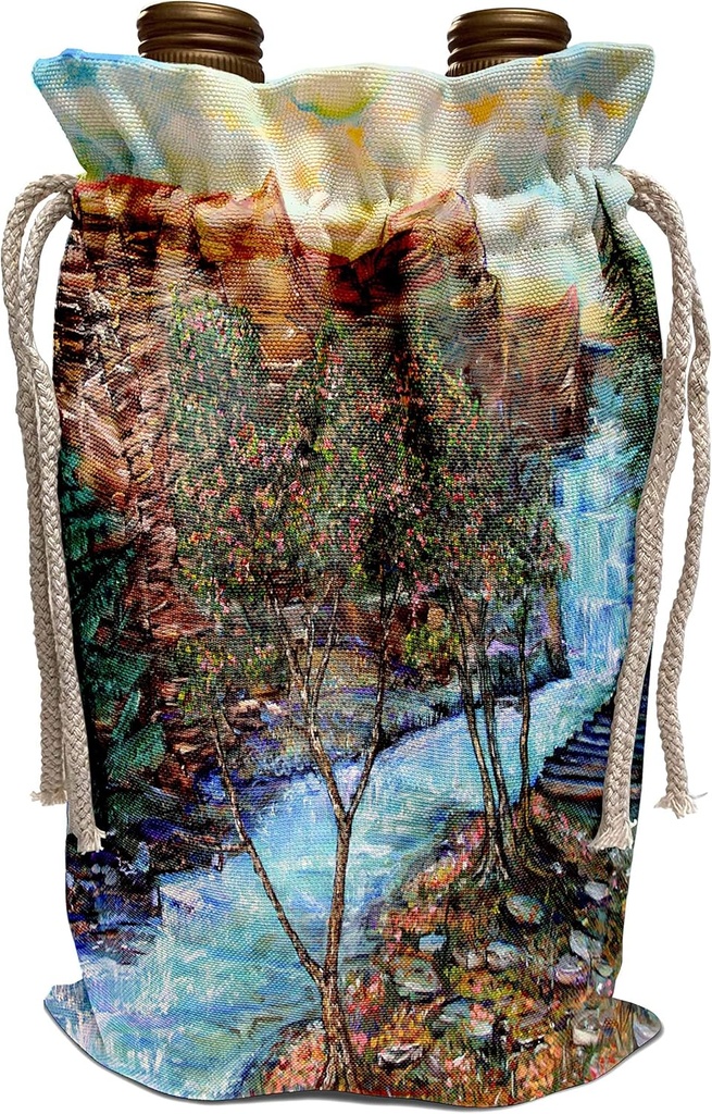 3dRose Yelena Rubin Painting Landscape Floral Plants - Magnificent view of Stony Brook Park Upstate NY The trail alongside the river is icing on the cake - Wine Bag (wbg_54924_1)