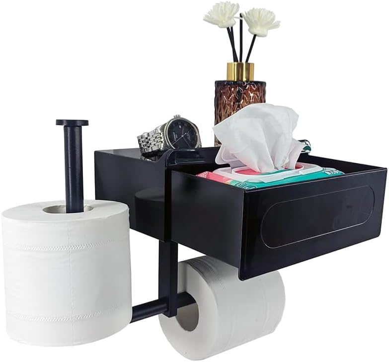 Toilet Paper Holder with Wipes Storage - Wall Mount Bathroom Wipes Holder Black Roll Tissue Holder with Shelf and Drawer (Black Upgrade)