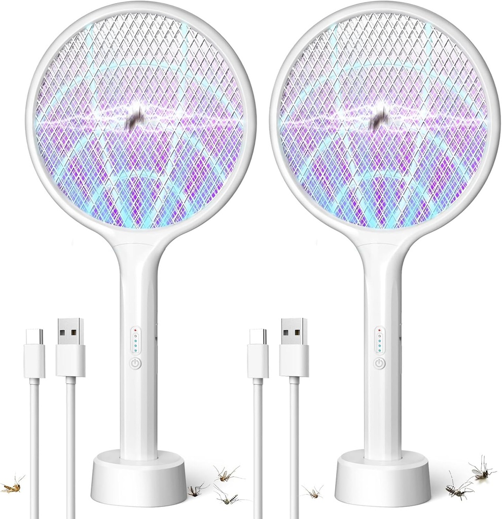 2Pack Electric Fly Swatter,4000V Bug Zapper Racket with 1500mah Battery Rechargeable,2 in 1 Fly Zapper & Purple Mosquito Killer Lamp with 3 Layers of Safety Net Suitable for Indoor and Outdoor