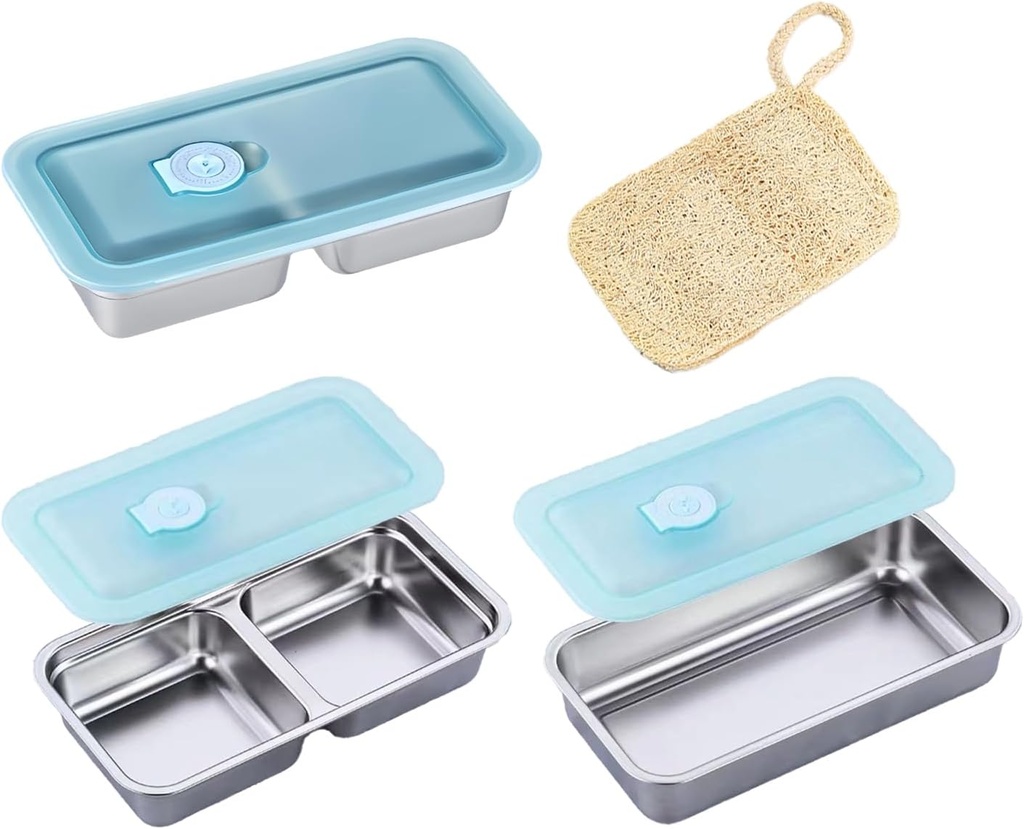3 - Piece Grab and Go Stainless Steel Snack Containers, Reusable Double - Compartment Food Lunch Containers with Lids for Travel, Small Snack Containers + 1 Loofah
